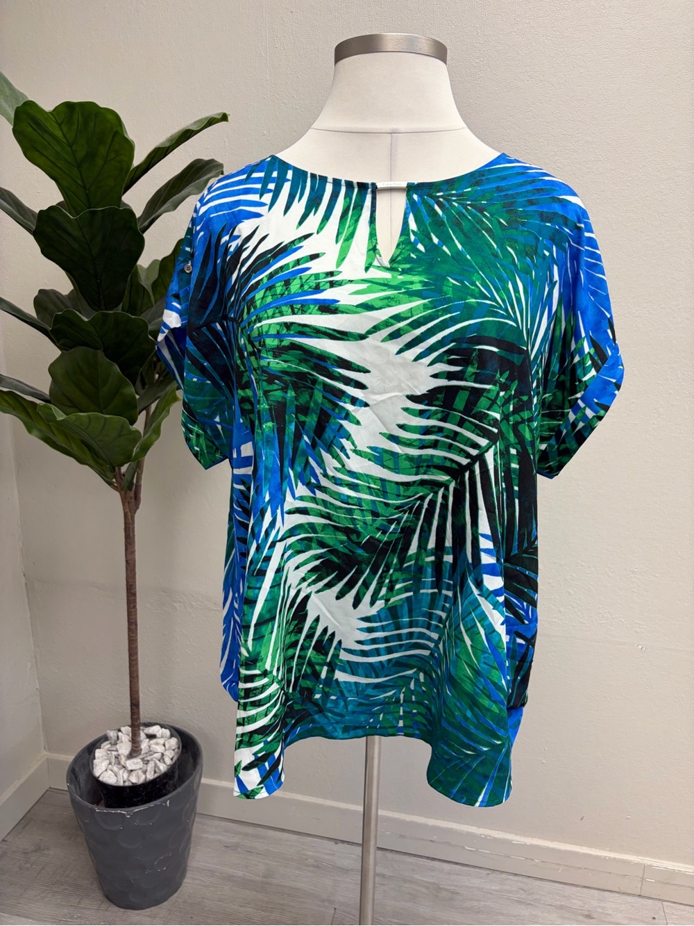 Calvin Klein Blue & Green Palm Leaf Top